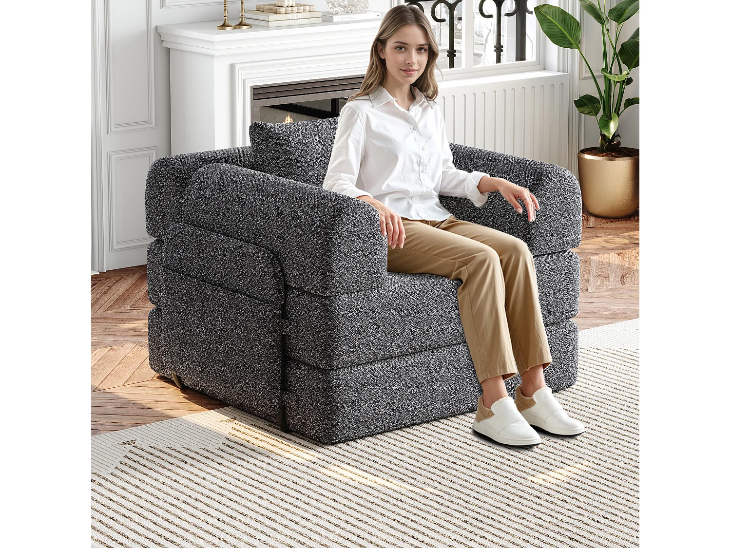 Divano letto trasformabile - Posto singolo - Tessuto ciniglia grigio