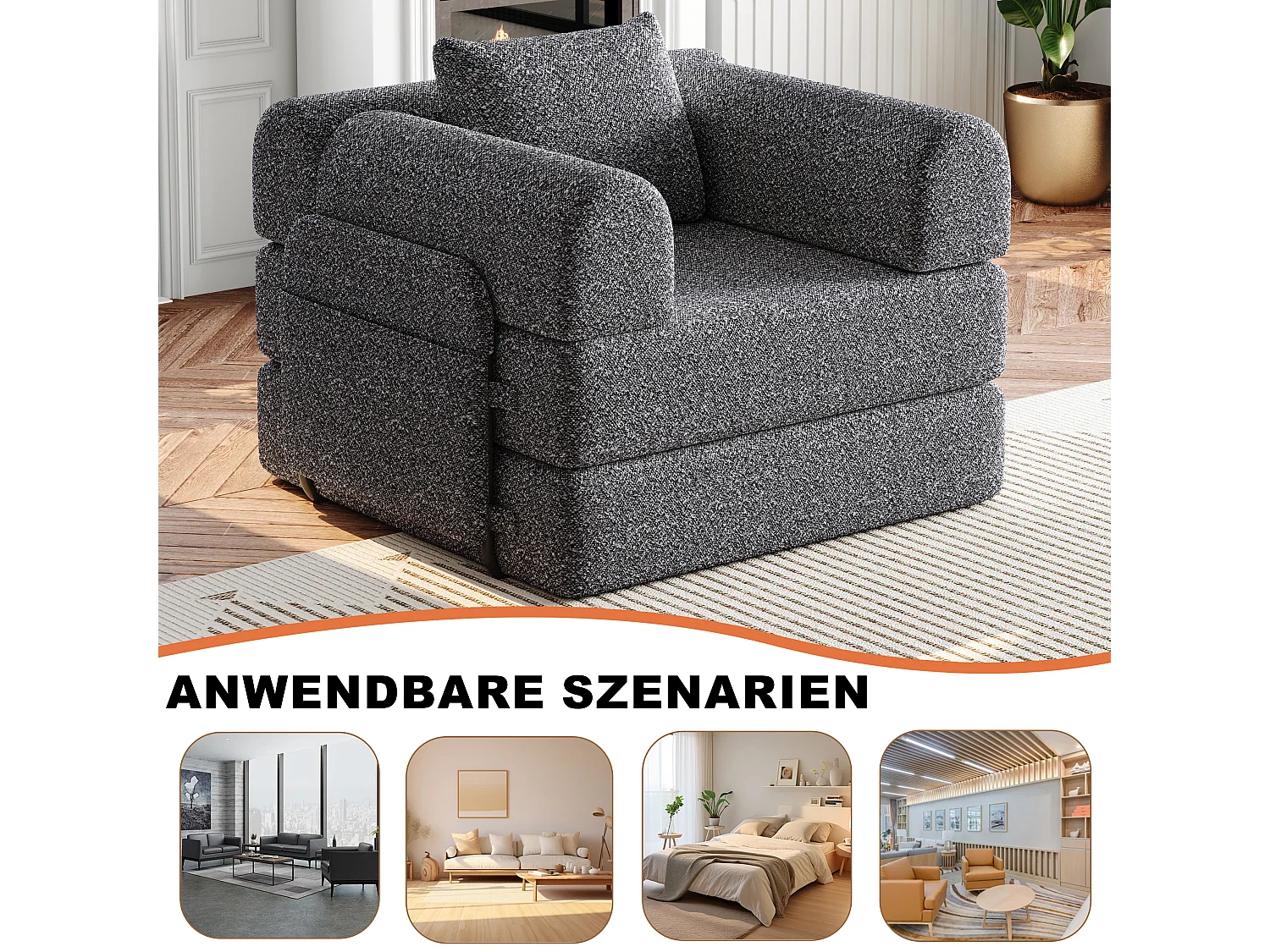 Divano letto trasformabile - Posto singolo - Tessuto ciniglia grigio