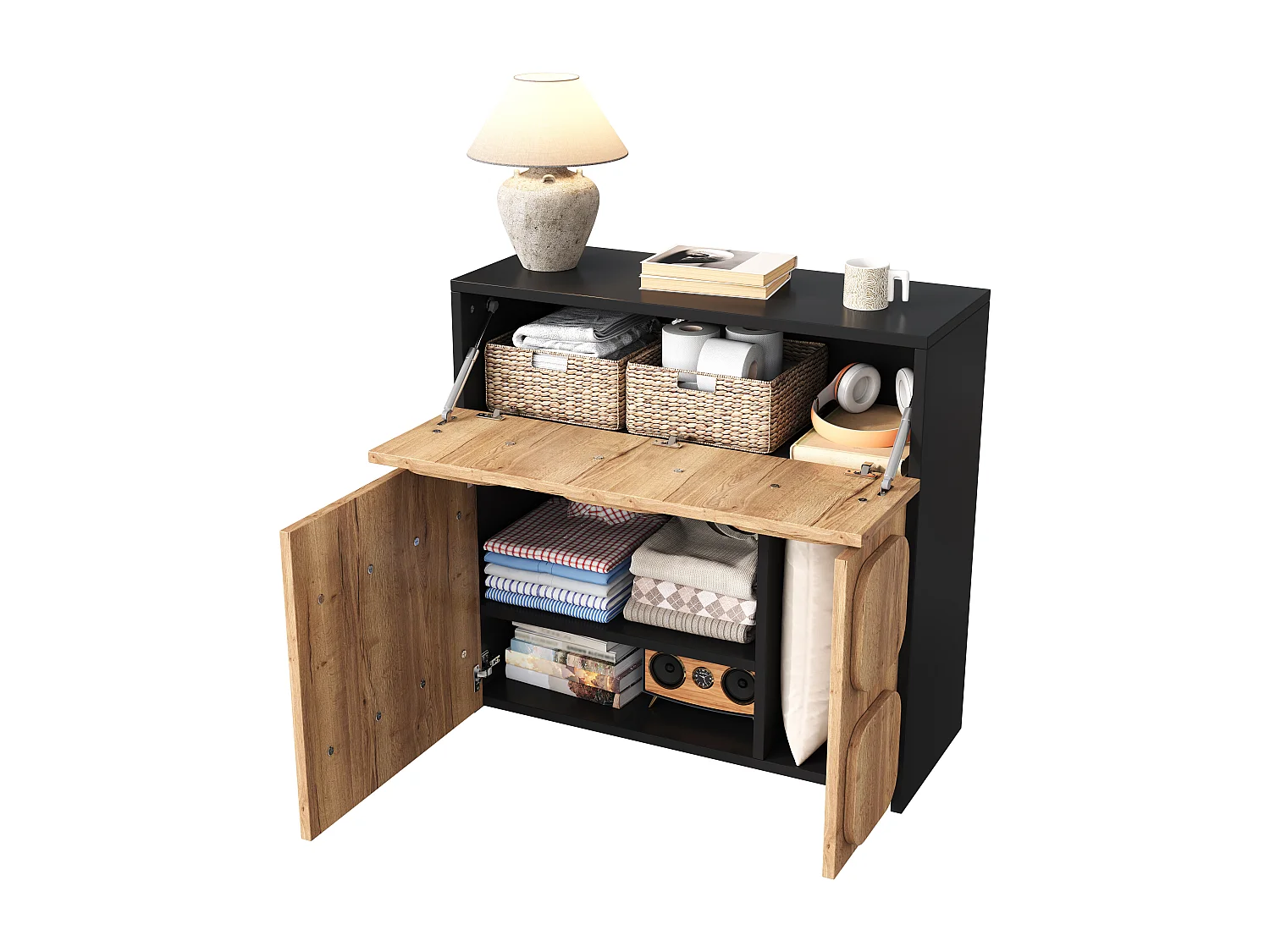 Buffet avec 3 portes - Porte carrée- Naturel et noir