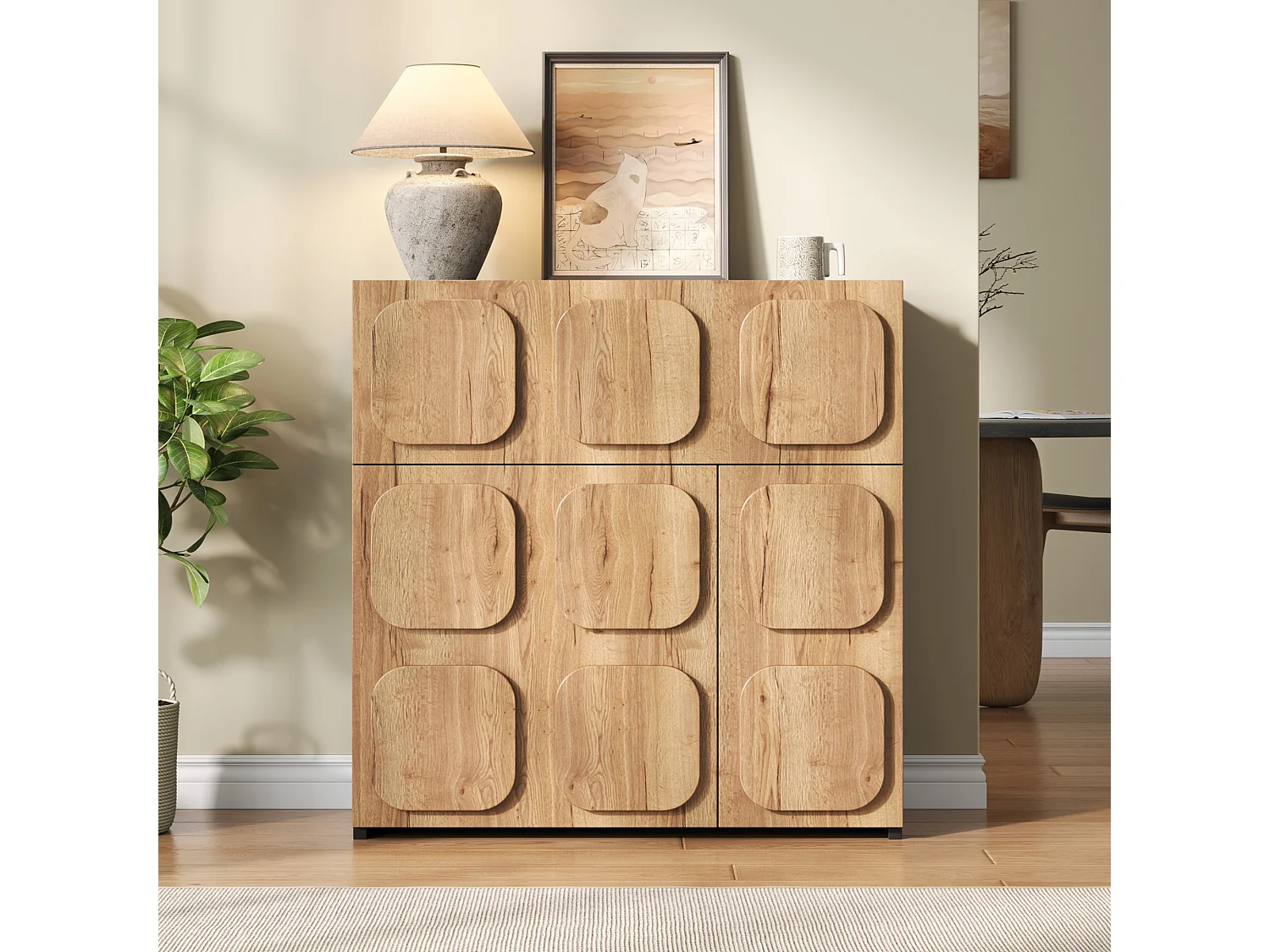 Buffet avec 3 portes - Porte carrée- Naturel et noir