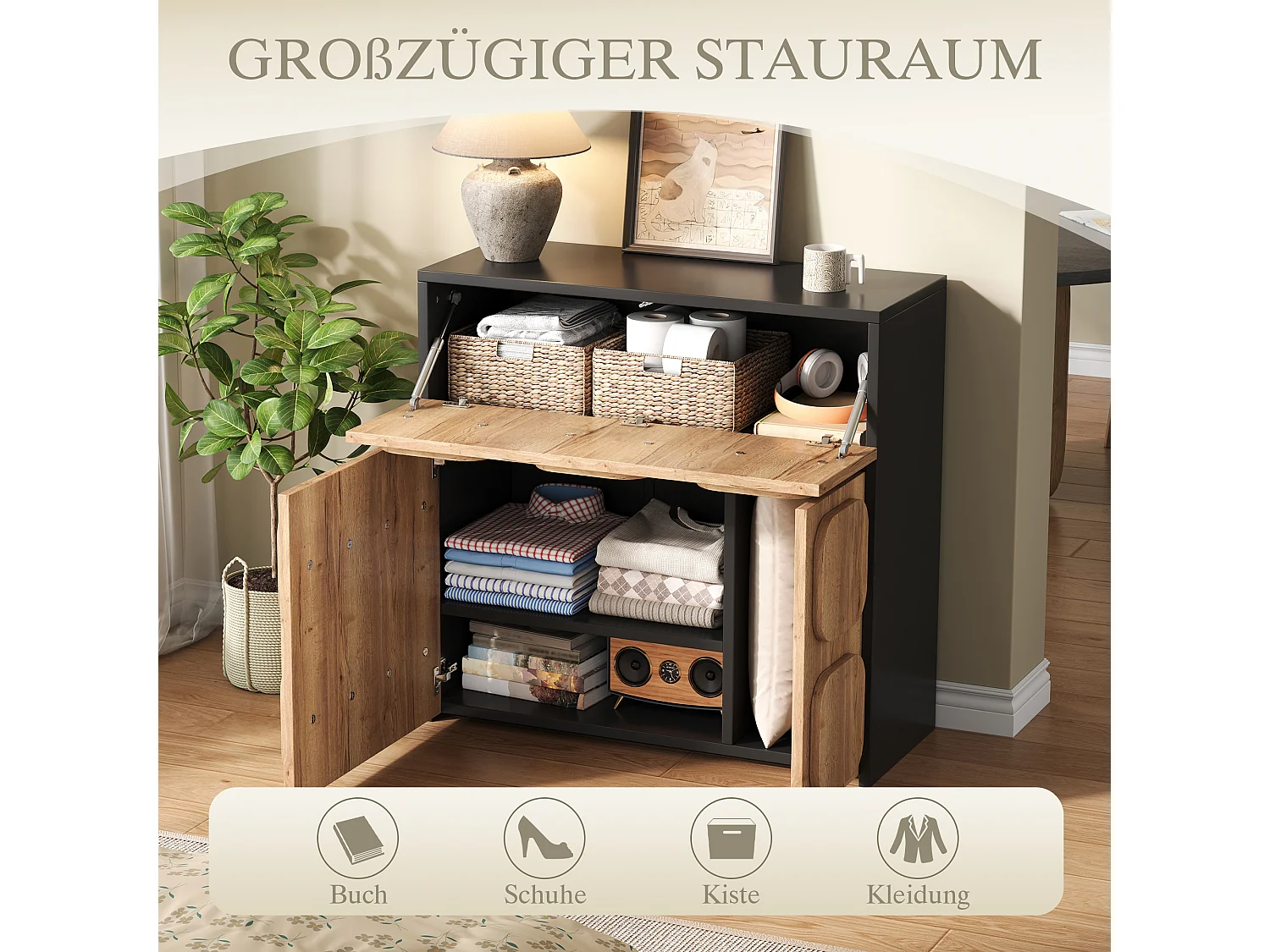 Buffet avec 3 portes - Porte carrée- Naturel et noir