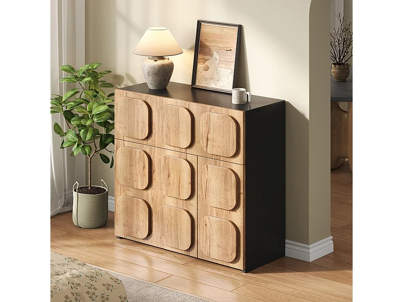 Buffet avec 3 portes - Porte carrée- Naturel et noir