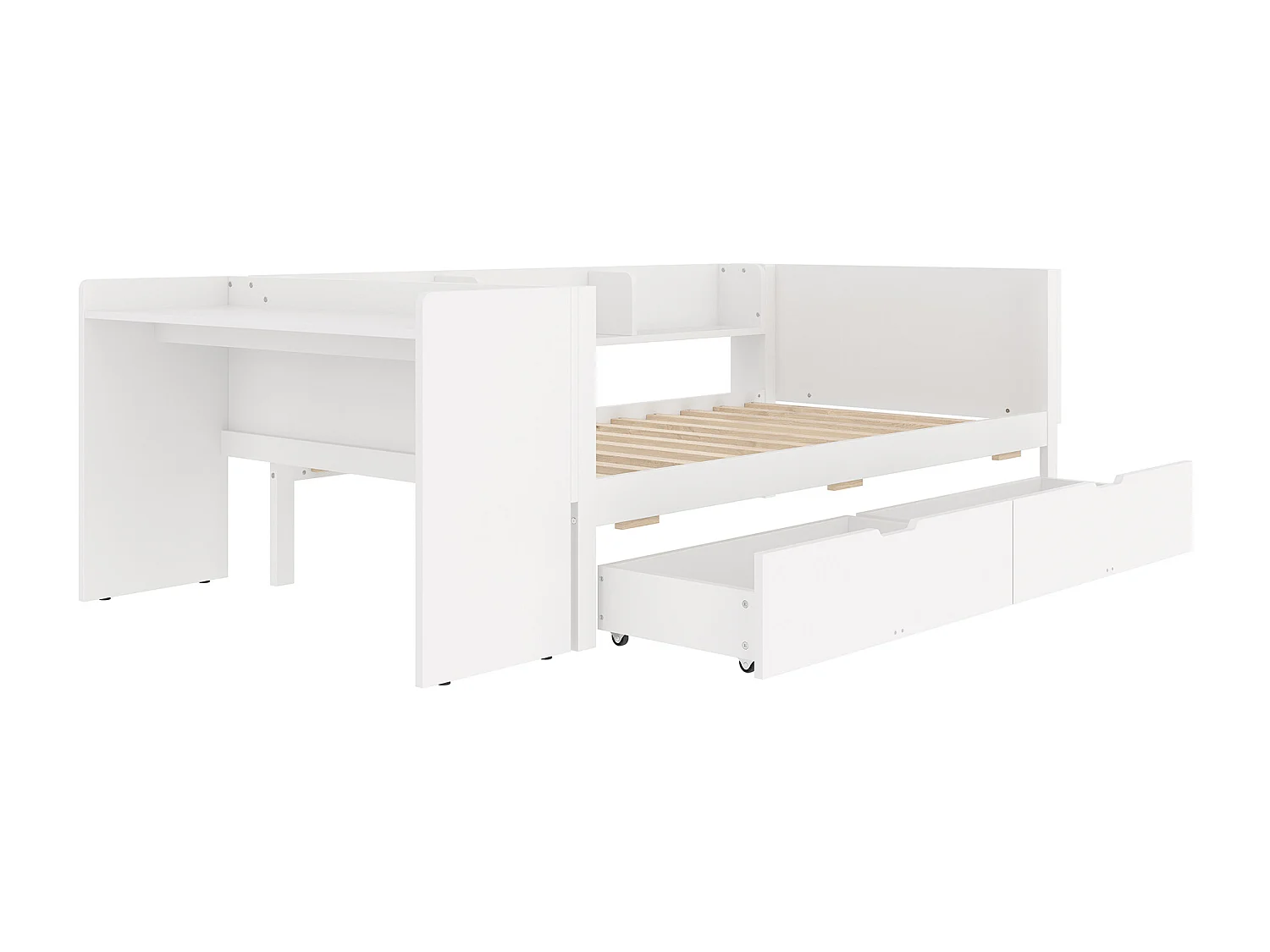 Letto singolo per bambini 90x200cm con 2 cassetti e scrivania - Legno di pino e PB - Bianco