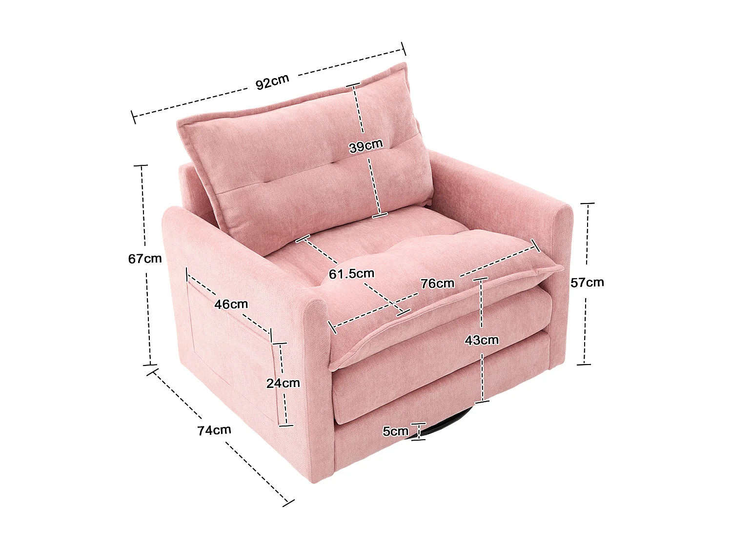 Fauteuil pivotant avec poche latérale - Tissu chenille - Rose