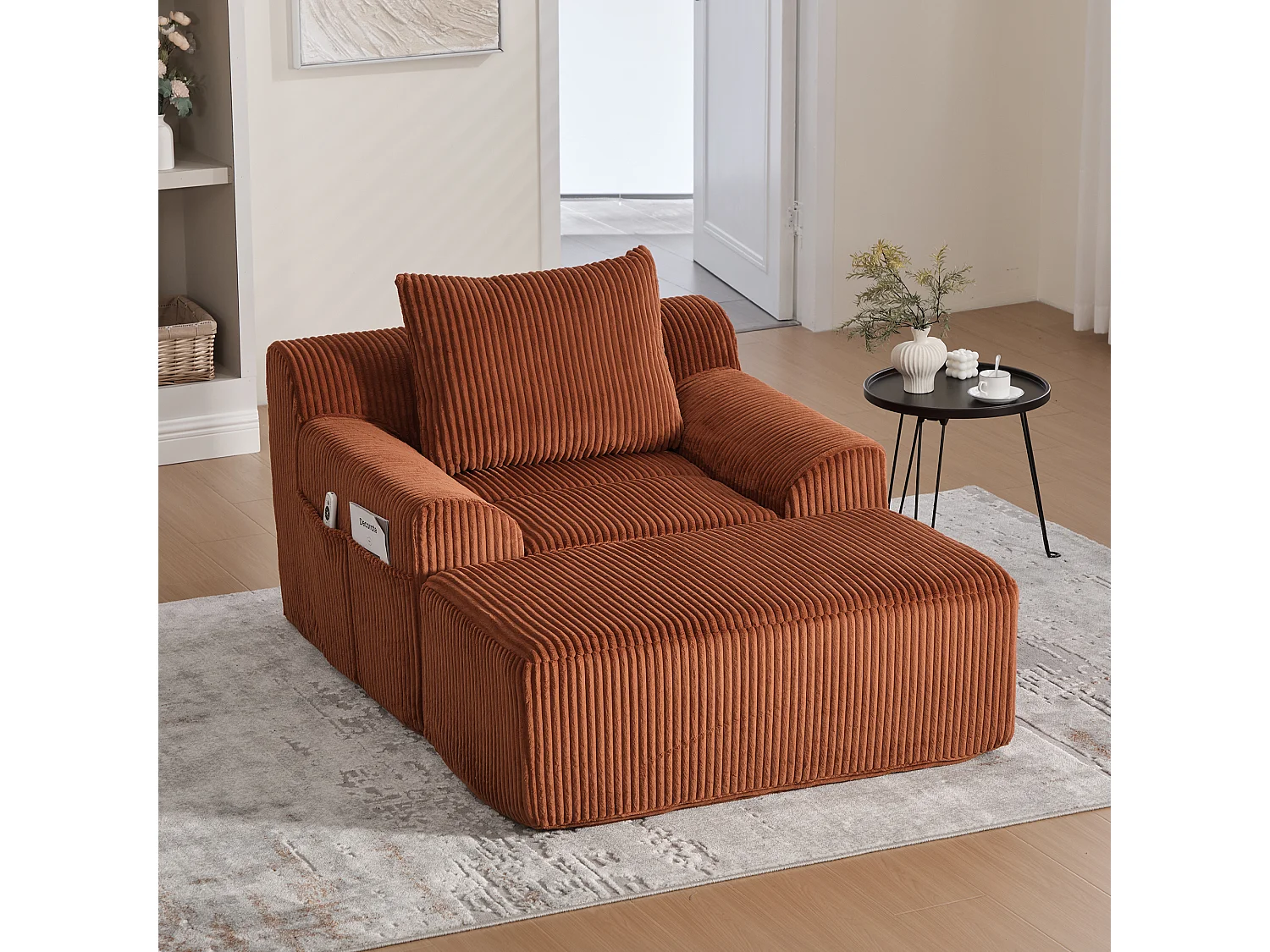 Fauteuil en tissu côtelé avec étrier, poches latérales et coussins - couleur orange