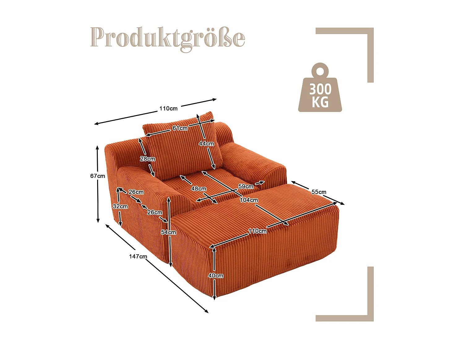 Fauteuil en tissu côtelé avec étrier, poches latérales et coussins - couleur orange