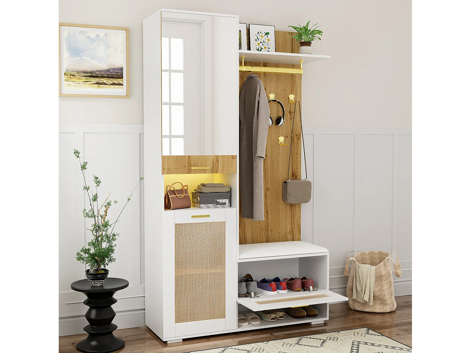 Locker met LED-verlichting, spiegel, 3 deuren, 6 gouden haken en bankje - Wit en hout