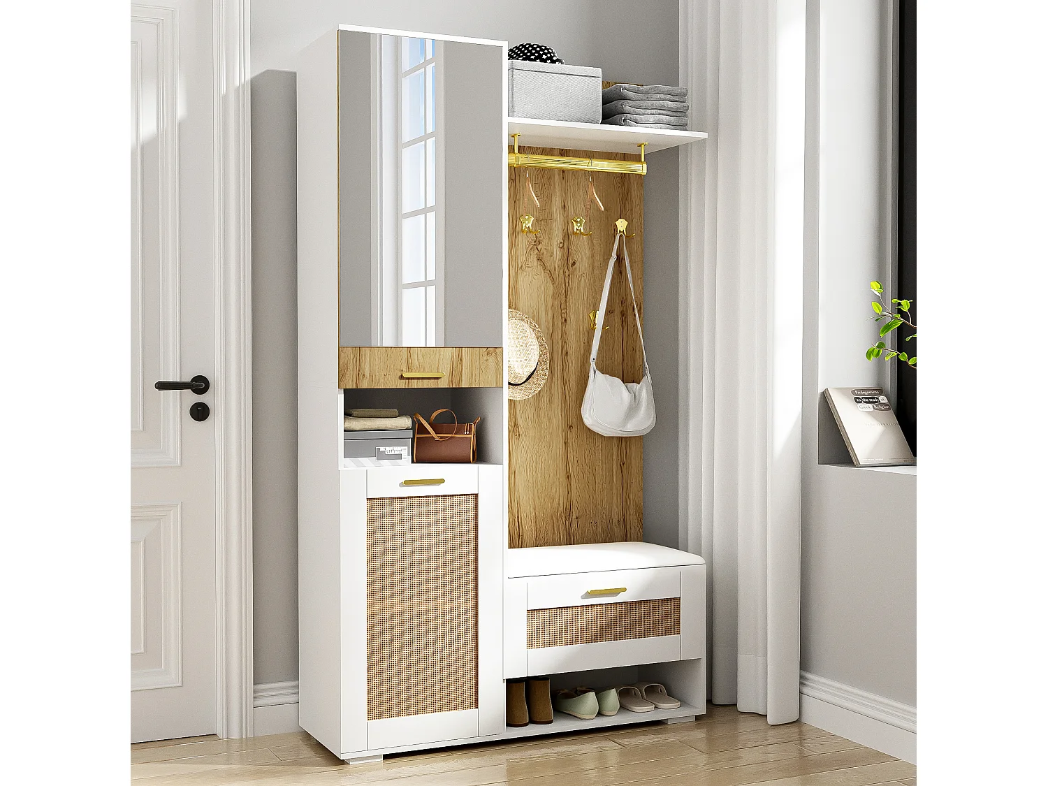 Locker met LED-verlichting, spiegel, 3 deuren, 6 gouden haken en bankje - Wit en hout