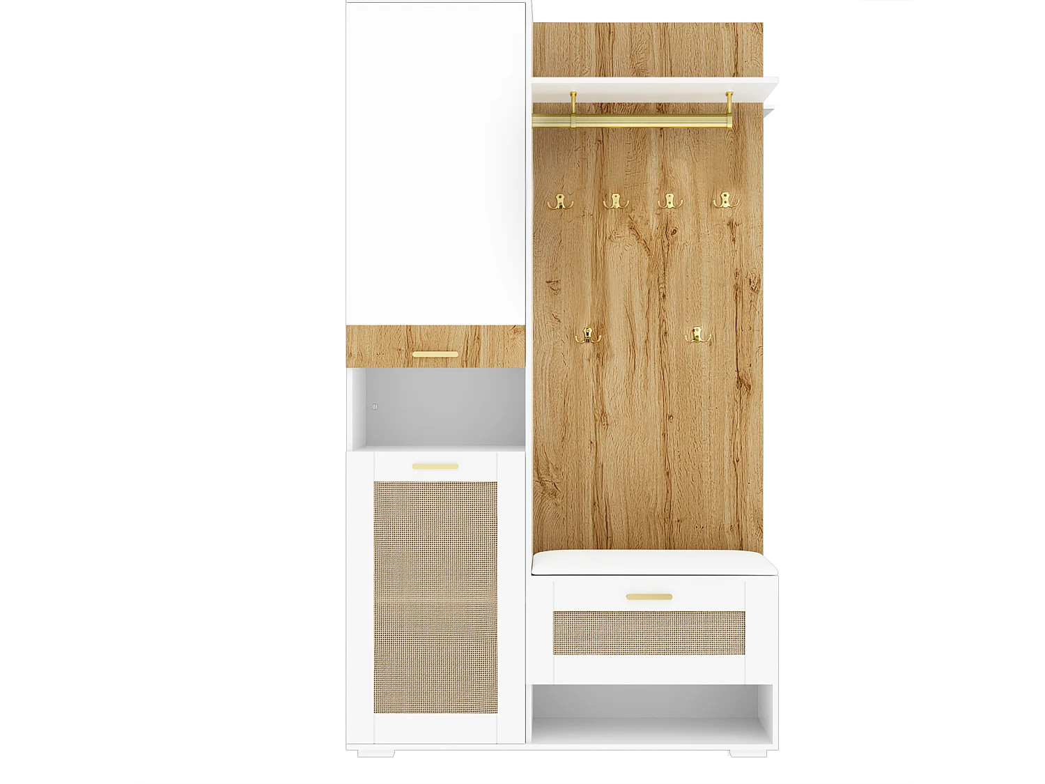 Locker met LED-verlichting, spiegel, 3 deuren, 6 gouden haken en bankje - Wit en hout