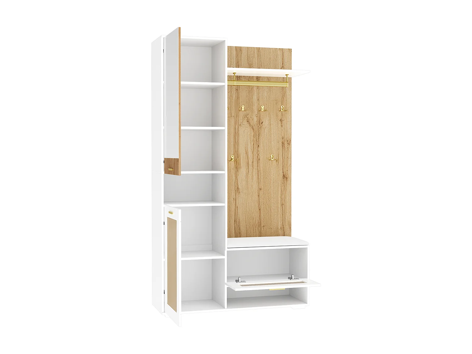 Locker met LED-verlichting, spiegel, 3 deuren, 6 gouden haken en bankje - Wit en hout