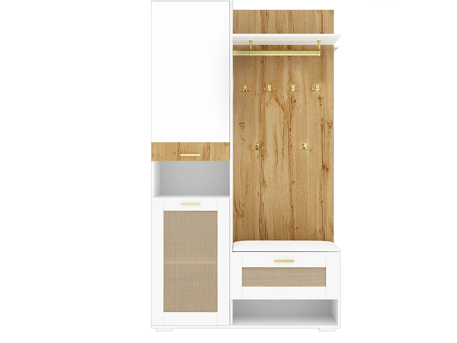 Vestiaire avec LED, miroir, 3 portes, 6 crochets dorés et banc - Blanc et bois