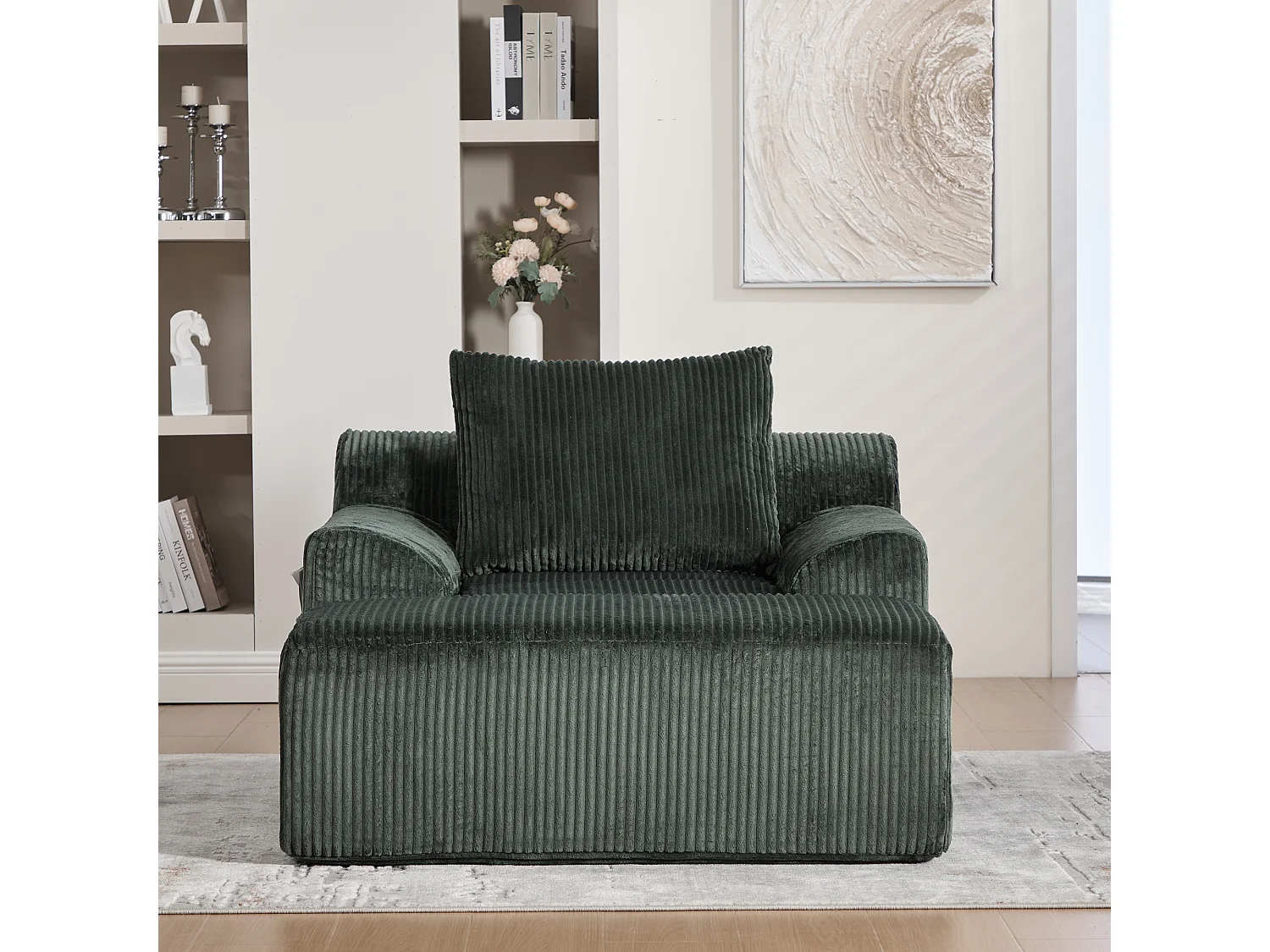 Fauteuil en tissu côtelé avec étrier, poches latérales et coussins - Vert émeraude
