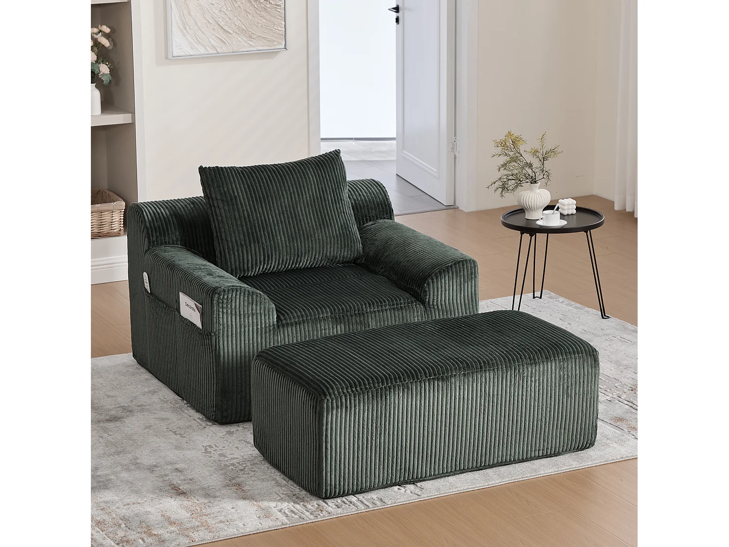 Fauteuil en tissu côtelé avec étrier, poches latérales et coussins - Vert émeraude
