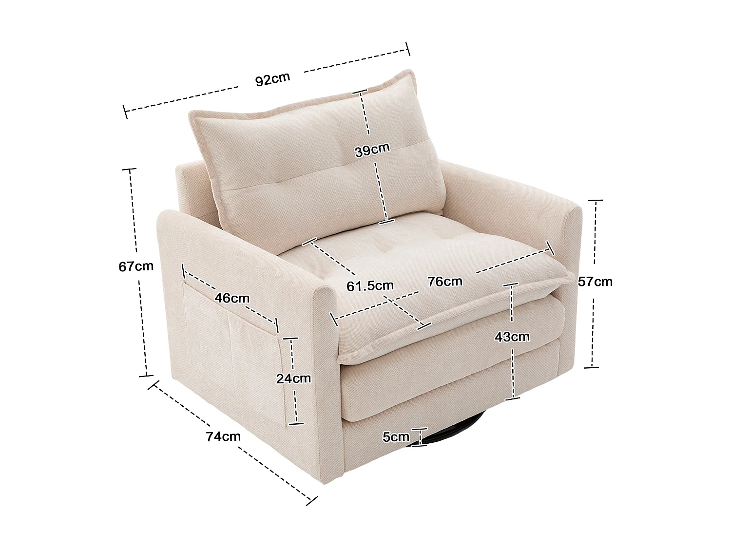 Fauteuil pivotant avec poche latérale - Tissu chenille - Beige