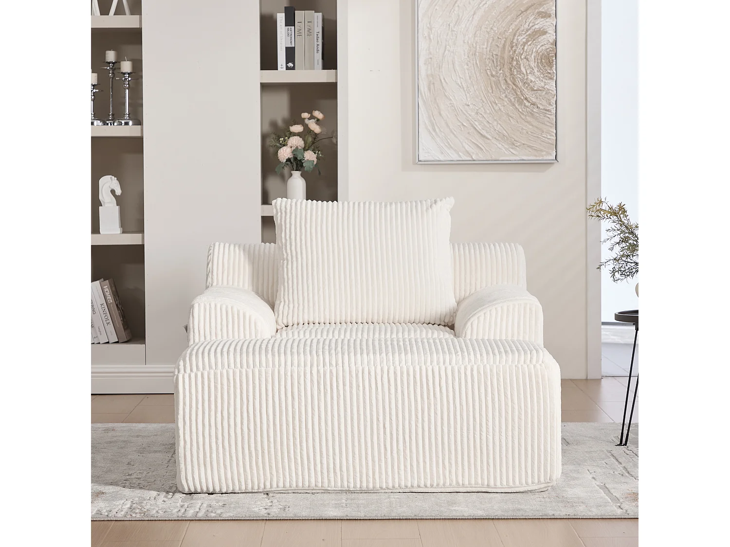 Fauteuil en tissu côtelé avec étrier, poches latérales et coussins - Beige