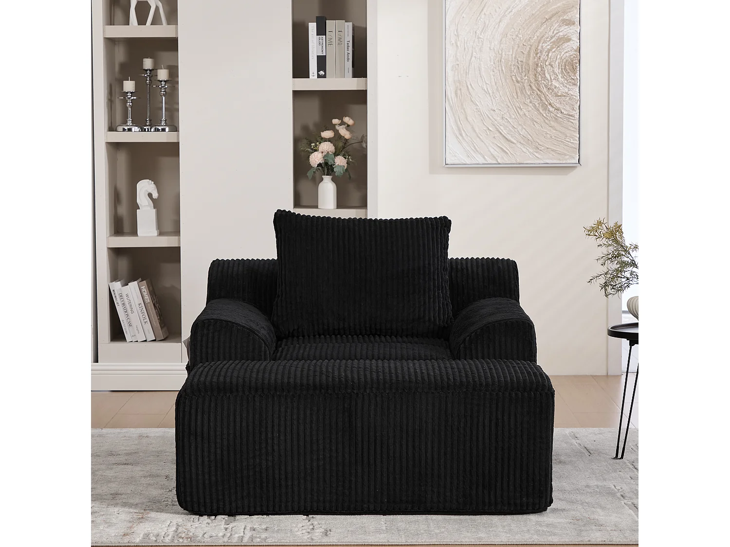Fauteuil en tissu côtelé avec étrier, poches latérales et coussins - Noir