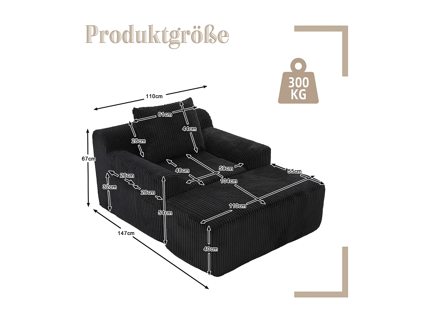 Fauteuil en tissu côtelé avec étrier, poches latérales et coussins - Noir