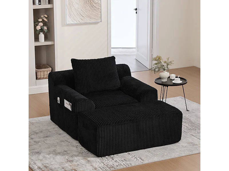 Fauteuil van corduroystof met beugel, zijzakken en kussens - Zwart