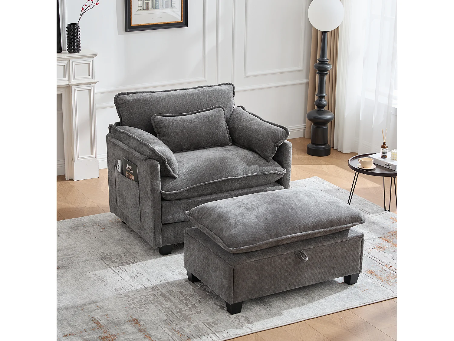 Fauteuil met opbergruimte voetenbank en kussen - Chenille stof - Grijs