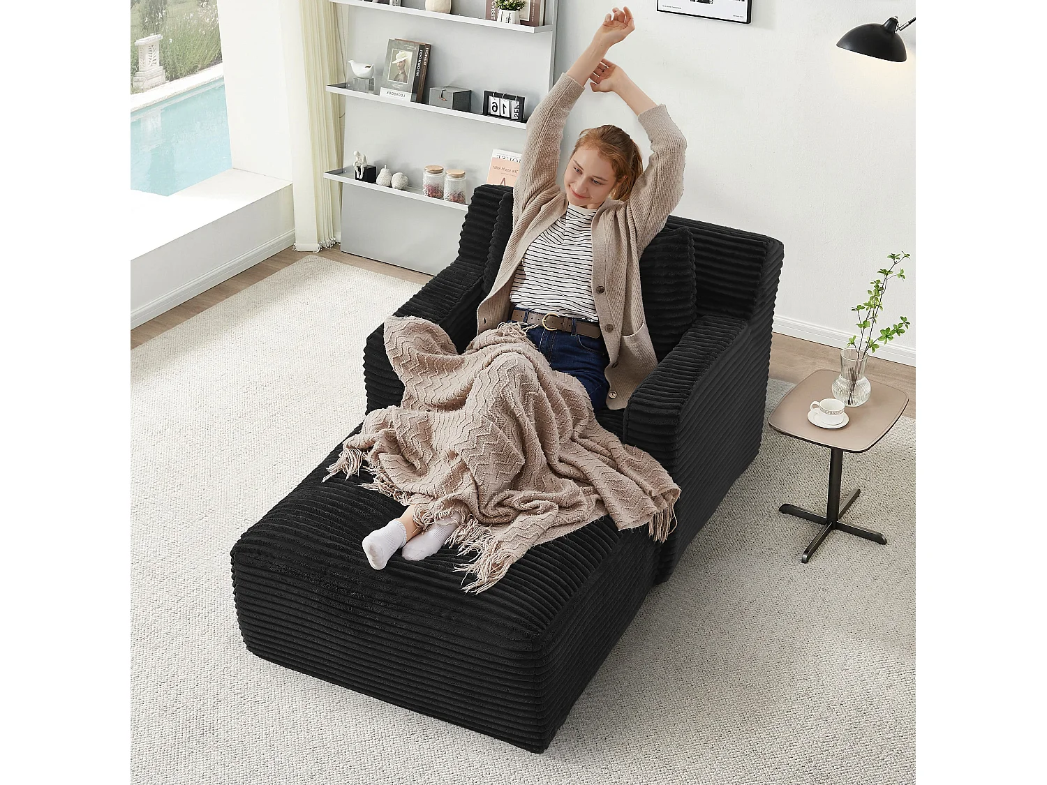 Fauteuil en velours côtelé - Canapé-lit noir- Aucun assemblage requis