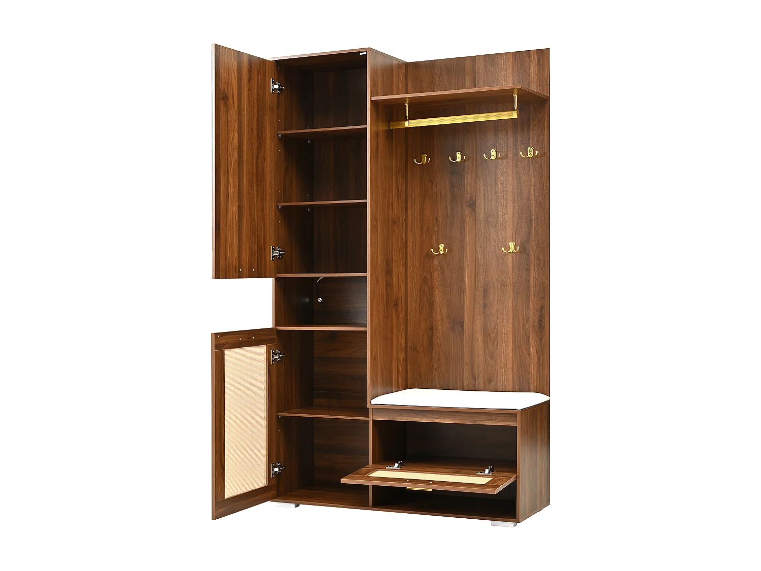 Locker met LED-verlichting, spiegel, 3 deuren, 6 gouden haken en bankje - Walnootkleur