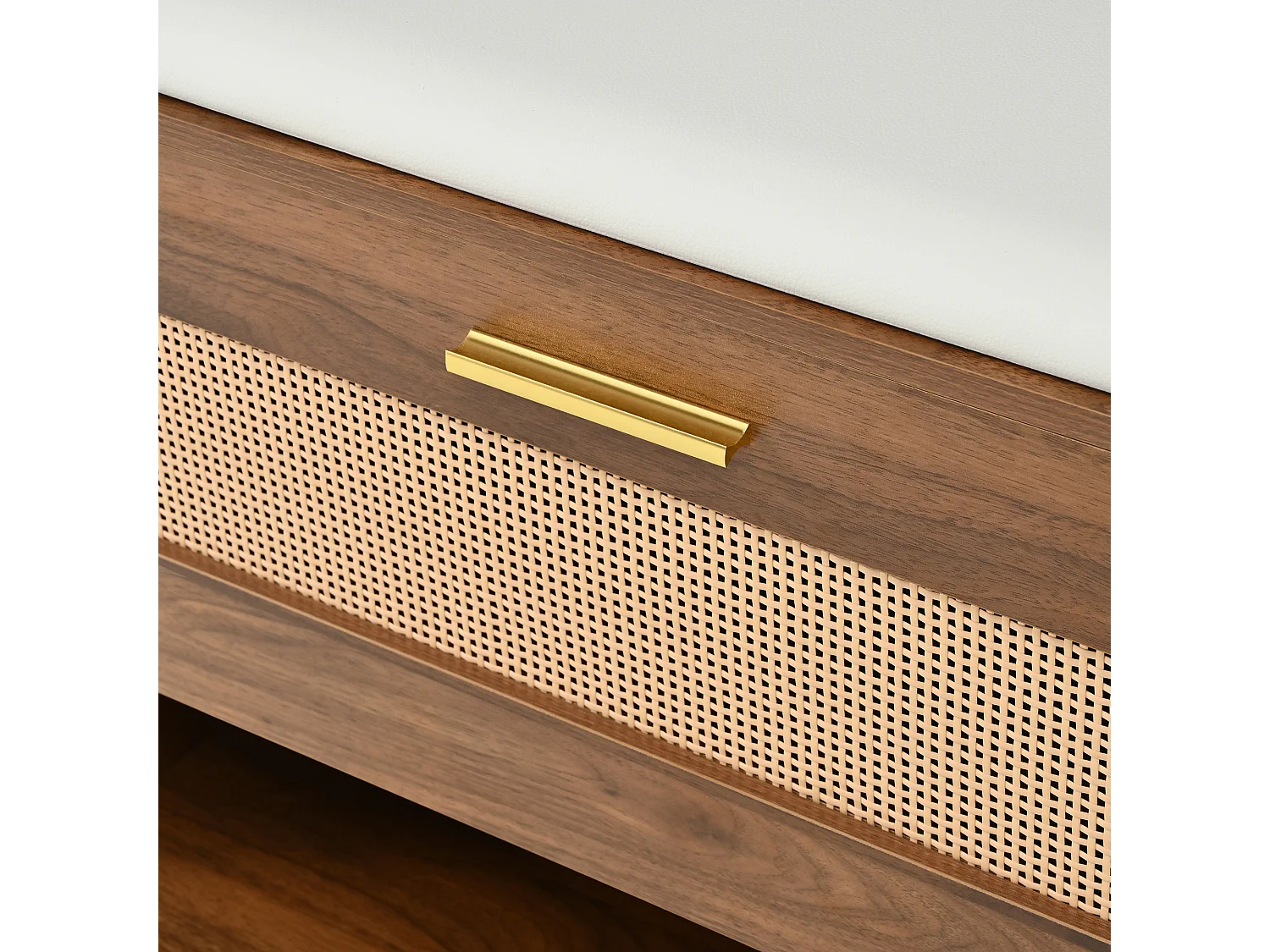 Locker met LED-verlichting, spiegel, 3 deuren, 6 gouden haken en bankje - Walnootkleur