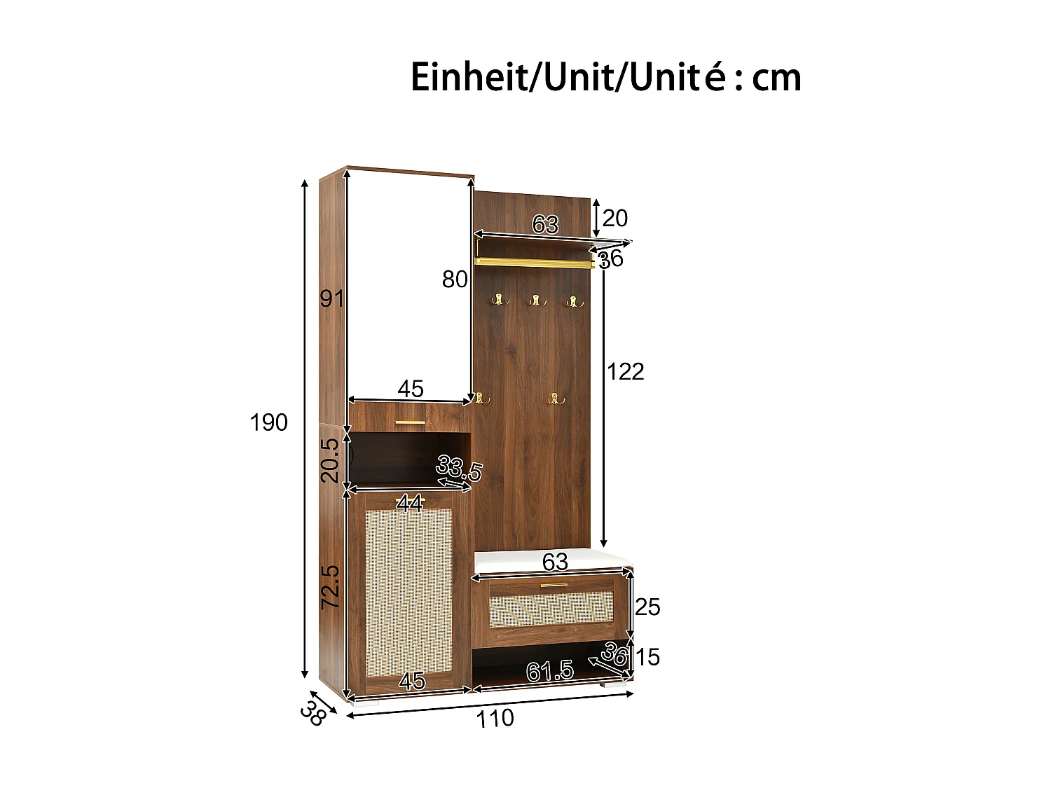 Vestiaire avec LED, miroir, 3 portes, 6 crochets dorés et banc - Couleur noyer