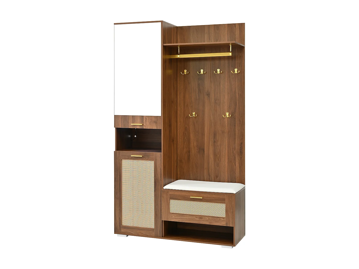 Vestiaire avec LED, miroir, 3 portes, 6 crochets dorés et banc - Couleur noyer
