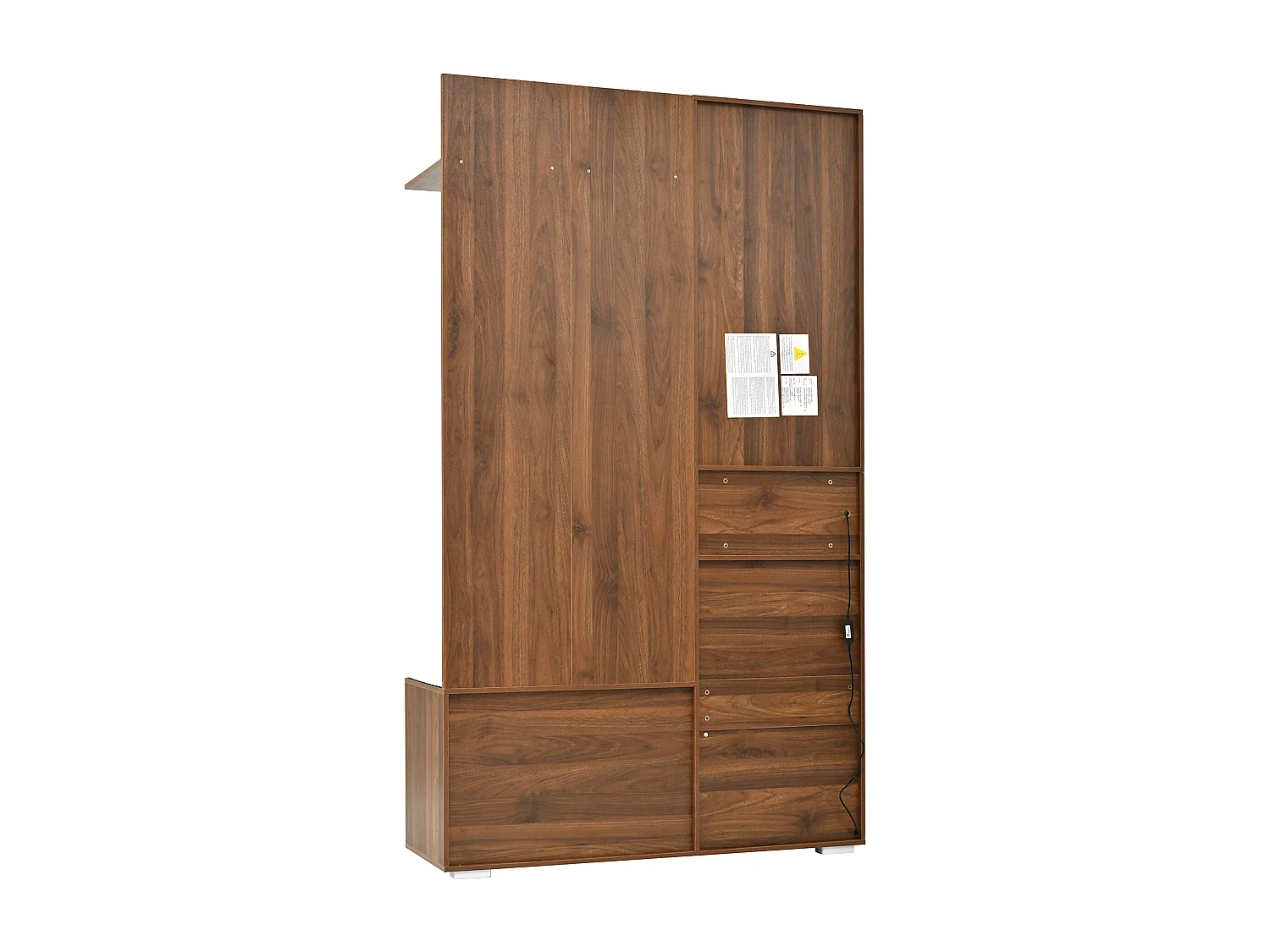 Vestiaire avec LED, miroir, 3 portes, 6 crochets dorés et banc - Couleur noyer