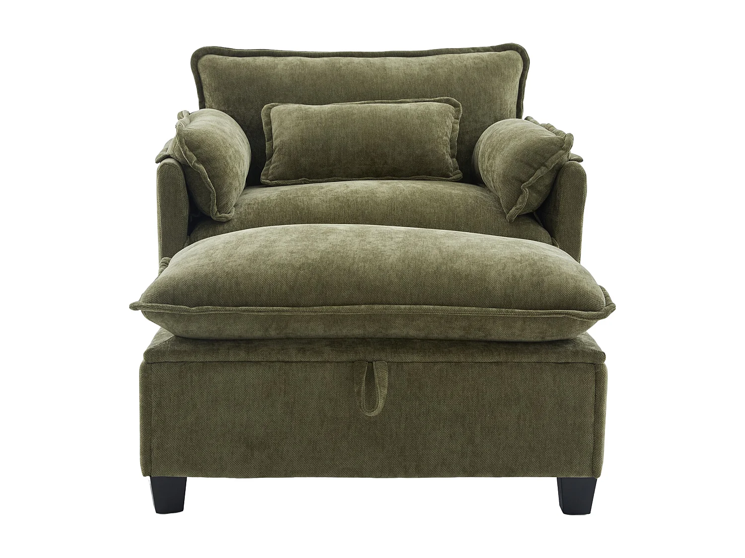 Fauteuil met opbergruimte voetenbank en kussen - Chenille stof - Olijfgroen