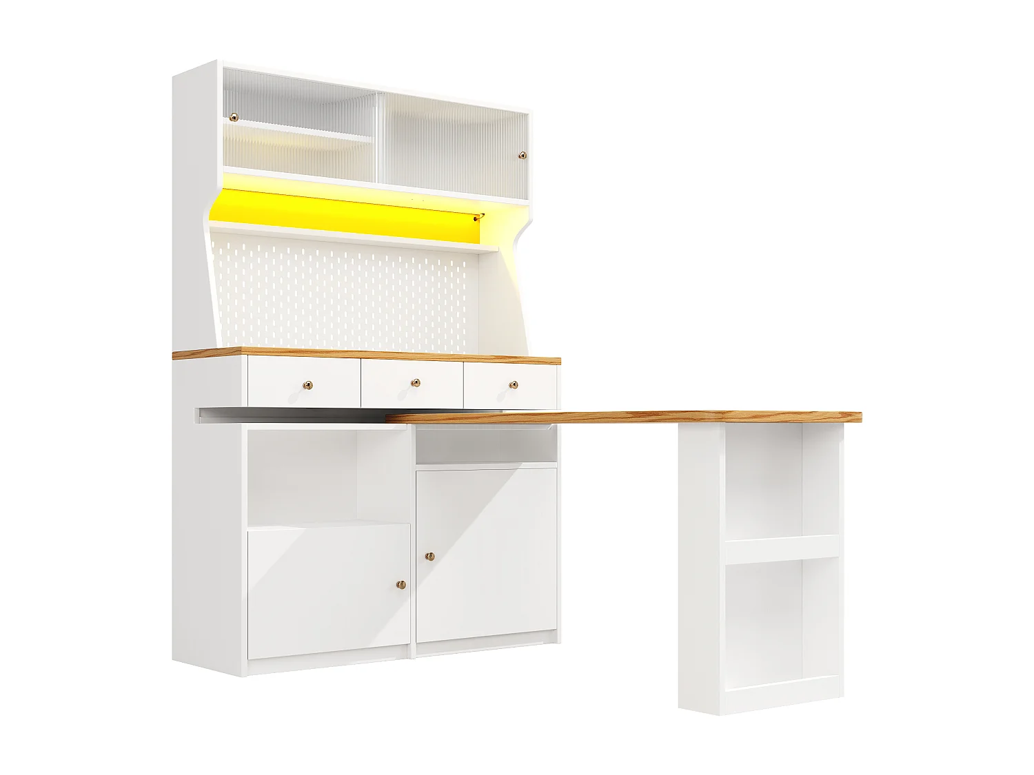 Buffet de cuisine avec LED, 4 portes et 3 tiroirs - Table tournante - Blanc -Pour la bibliothèque