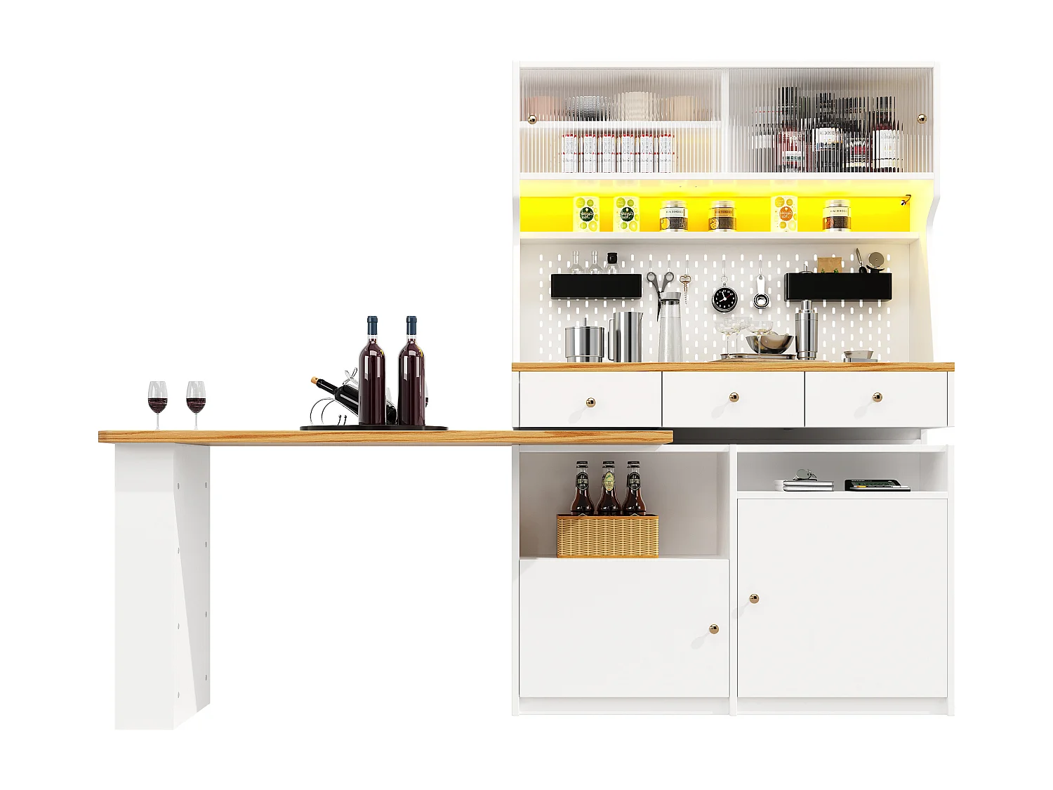 Buffet de cuisine avec LED, 4 portes et 3 tiroirs - Table tournante - Blanc -Pour la bibliothèque