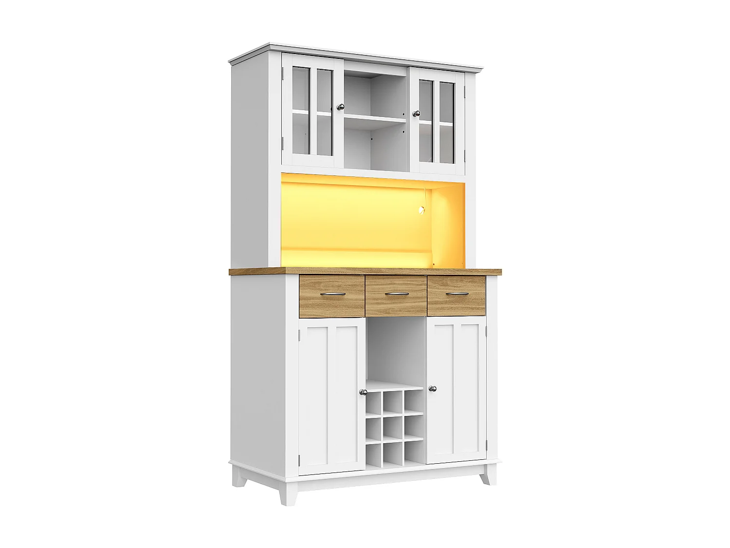 Aparador de cozinha com iluminação LED, 4 portas, 3 gavetas e garrafeira - Madeira MDF - Branco e madeira
