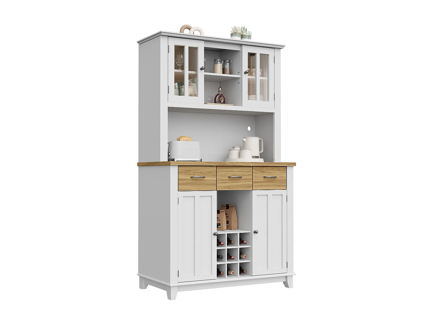 Aparador de cozinha com iluminação LED, 4 portas, 3 gavetas e garrafeira - Madeira MDF - Branco e madeira