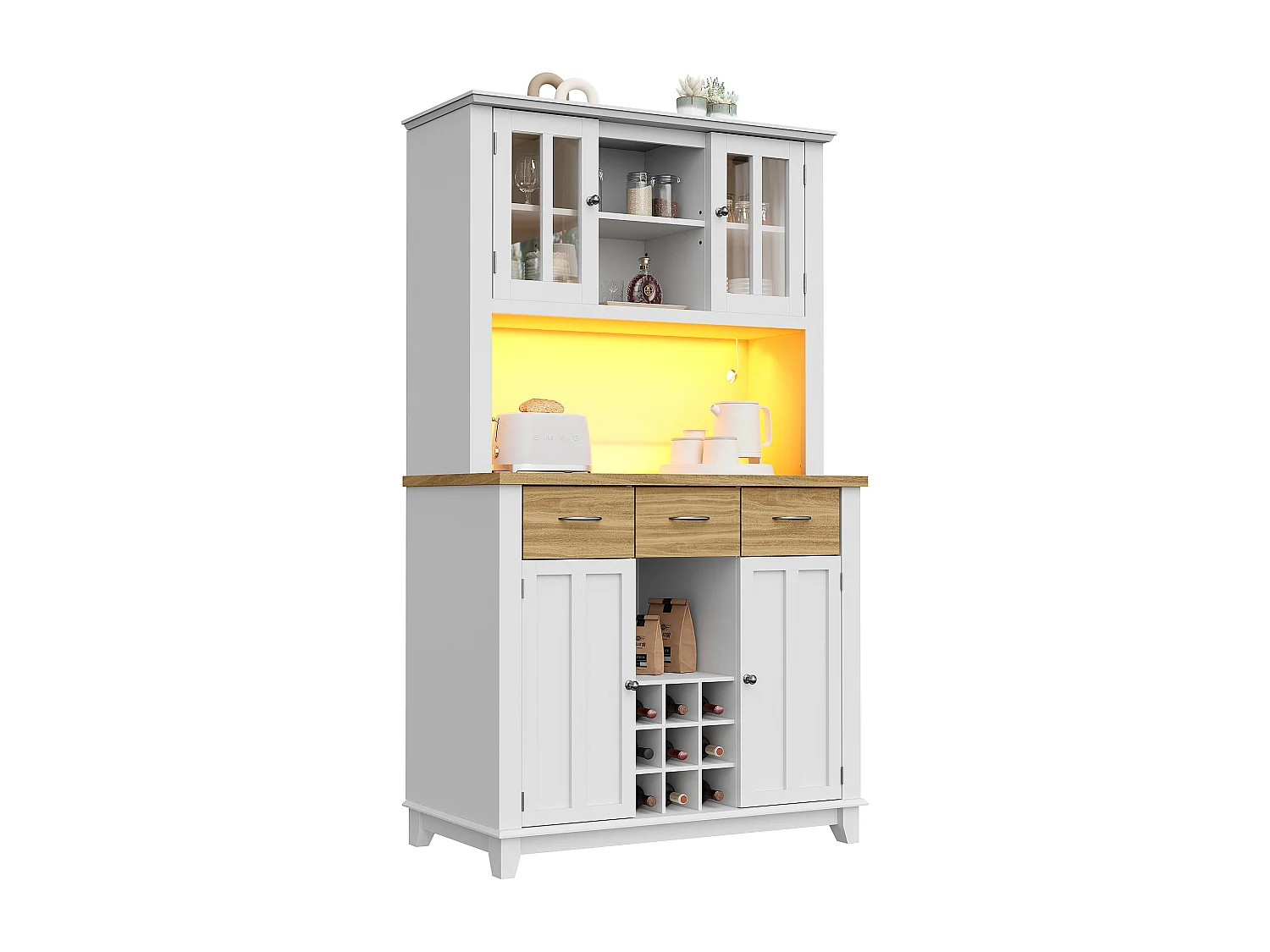 Aparador de cozinha com iluminação LED, 4 portas, 3 gavetas e garrafeira - Madeira MDF - Branco e madeira