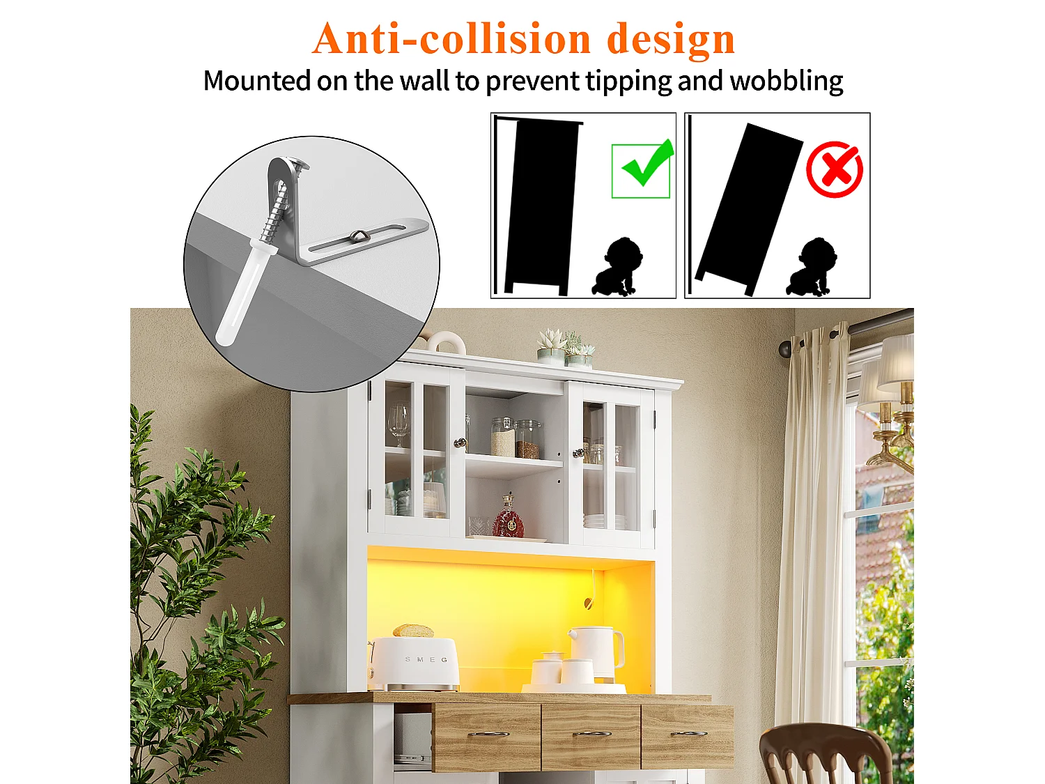 Aparador de cozinha com iluminação LED, 4 portas, 3 gavetas e garrafeira - Madeira MDF - Branco e madeira