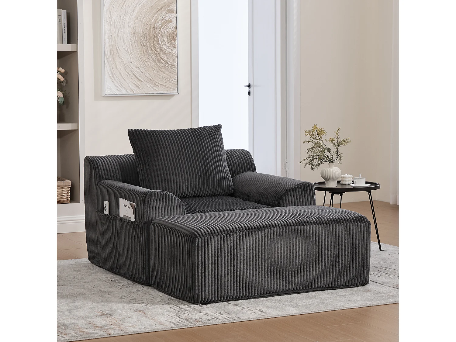 Fauteuil en tissu côtelé avec étrier, poches latérales et coussins - Gris foncé