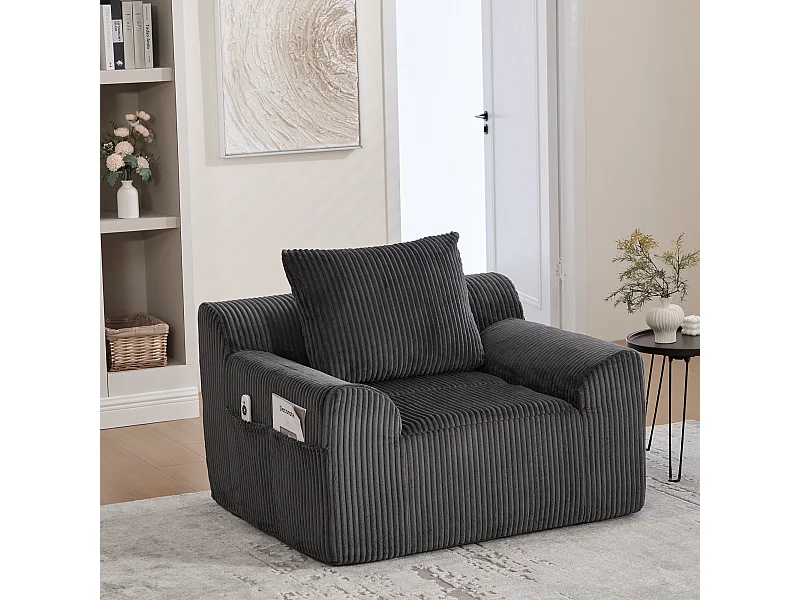 Fauteuil van corduroystof met beugel, zijzakken en kussens - Donkergrijs