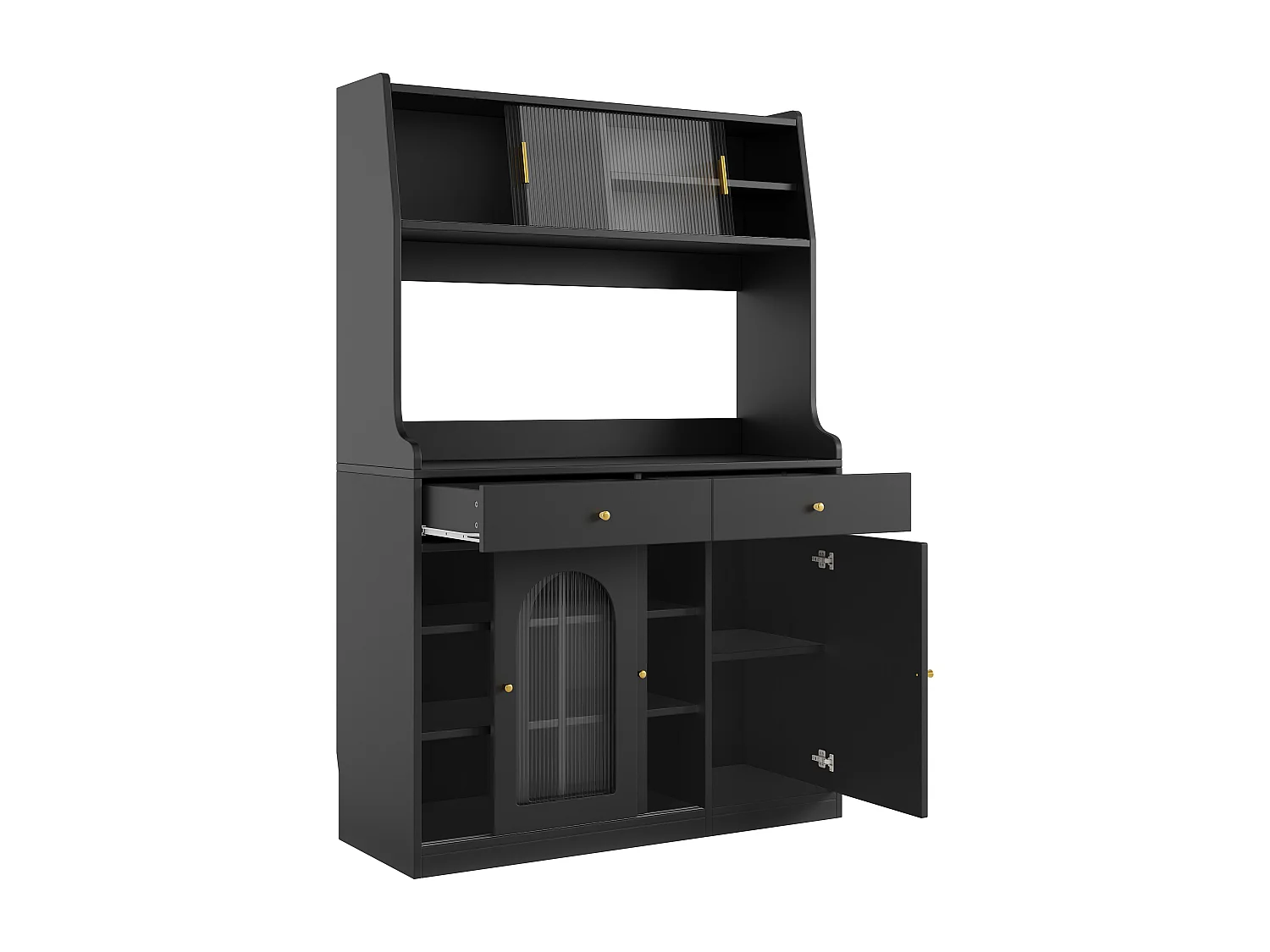 Aparador de cozinha com iluminação LED, 4 portas de correr em vidro, 1 porta e 2 gavetas - Preto