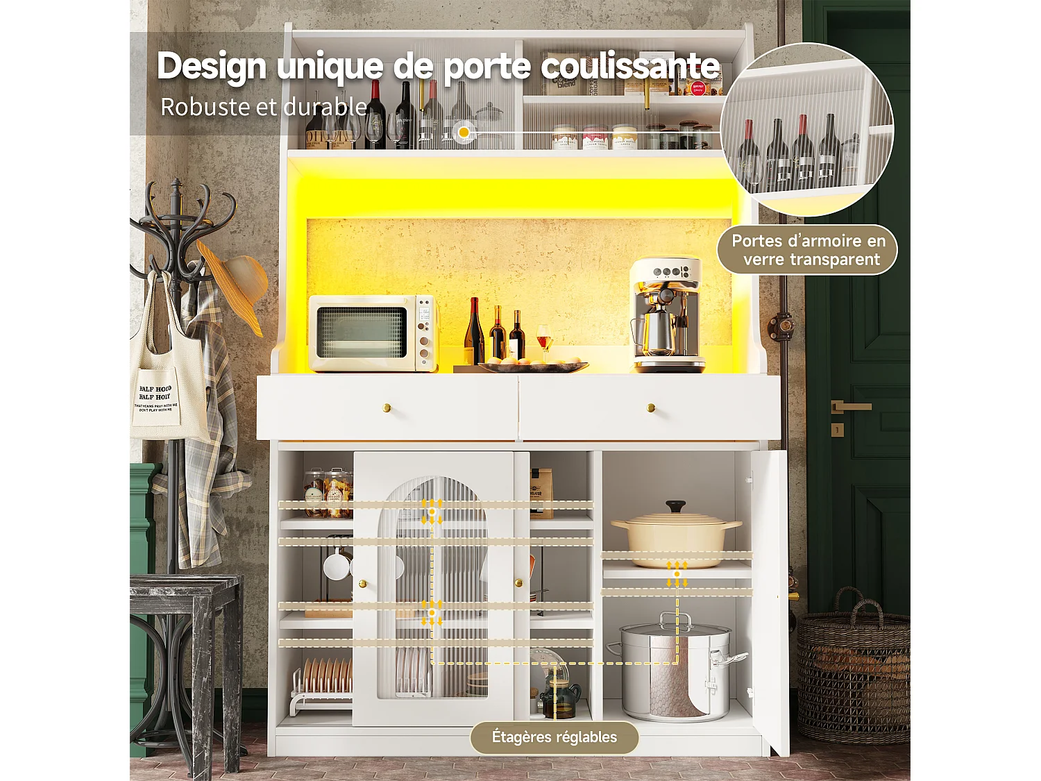 Aparador de cozinha com iluminação LED, 4 portas de vidro deslizantes, 1 porta e 2 gavetas - Branco