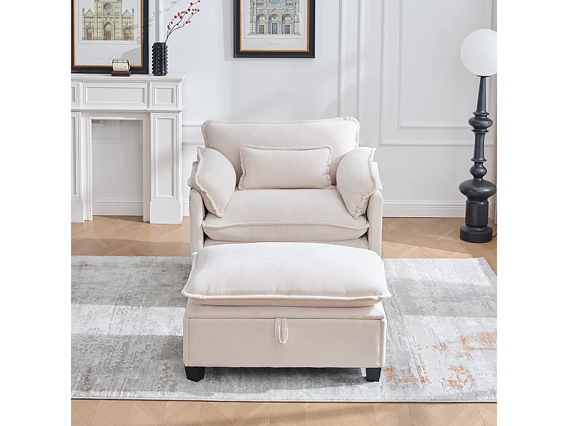 Fauteuil avec repose-pieds de rangement et coussin - Tissu chenille -Beige
