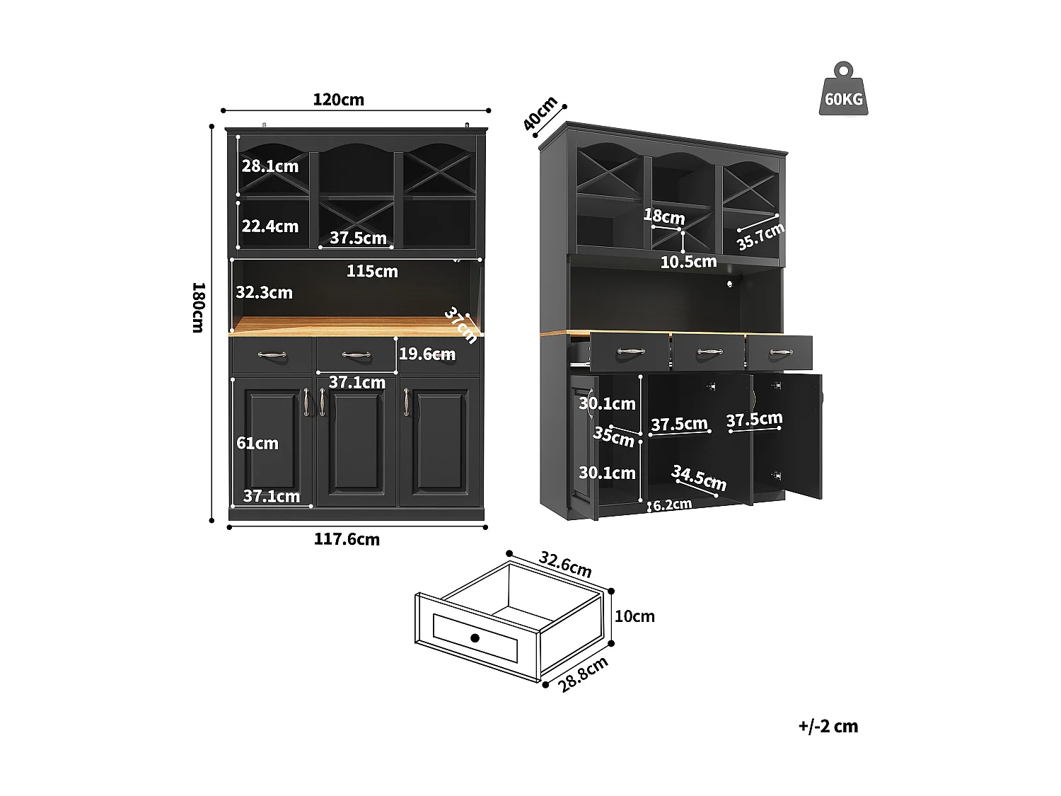 Aparador de cozinha com iluminação LED, 3 portas e 3 gavetas - Madeira MDF preta