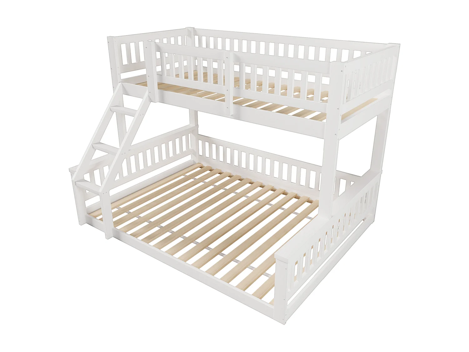 Lit superposé 90 x 200cm et 140x200cm avec échelle et barrières - Bois pin et MDF - Blanc