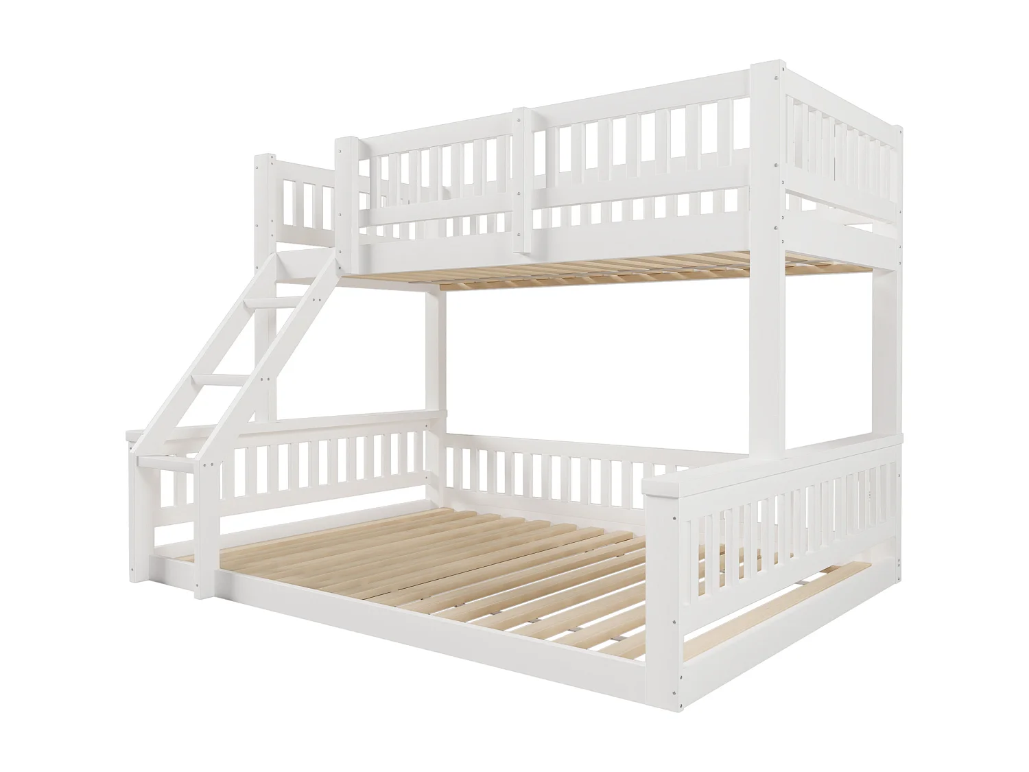 Lit superposé 90 x 200cm et 140x200cm avec échelle et barrières - Bois pin et MDF - Blanc