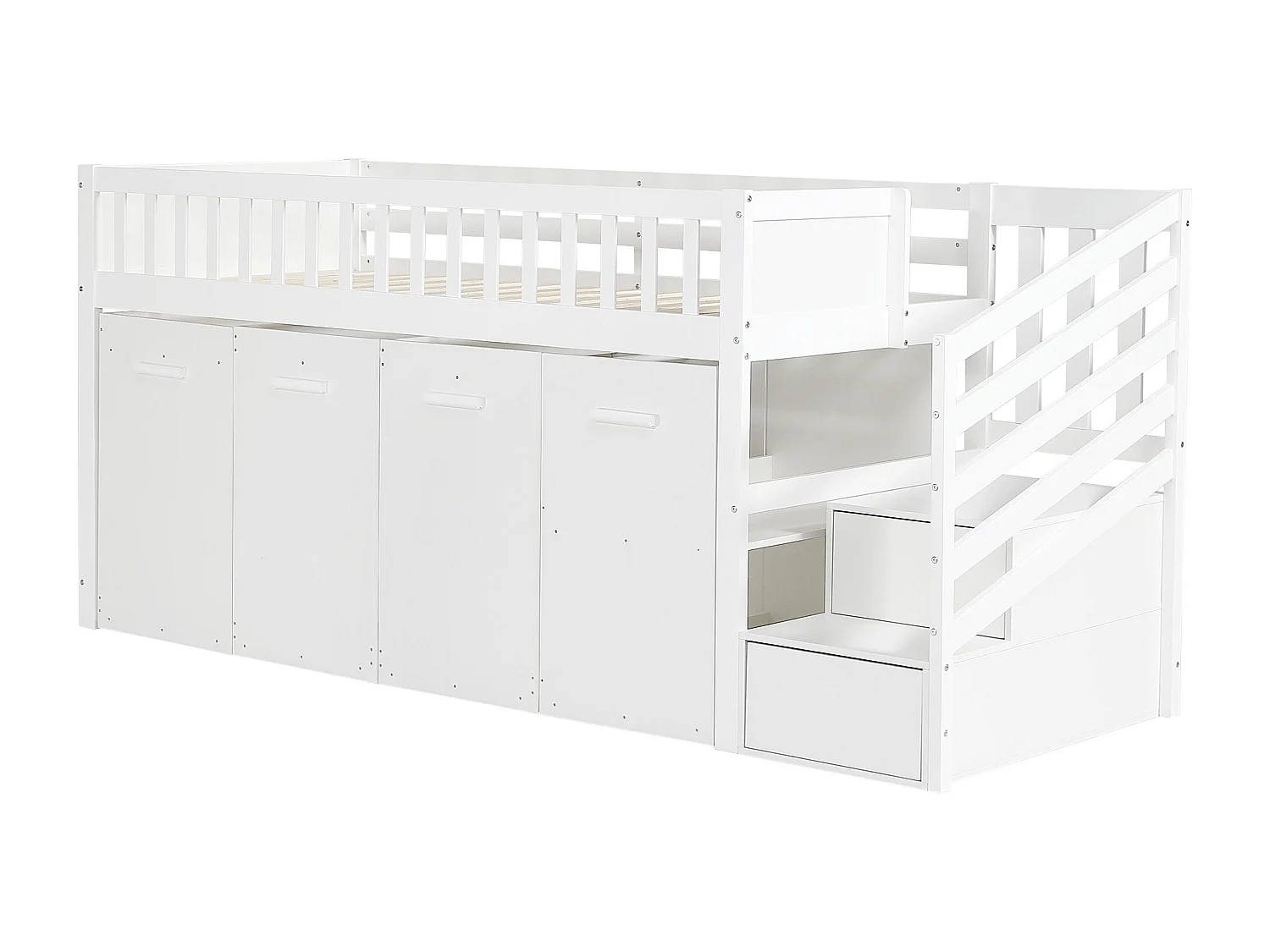 Halfhoog bed 90x200cm met bureau, kledingkast en opbergruimte - Dennenhout en MDF-hout - wit