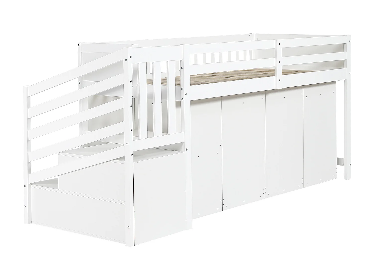 Halfhoog bed 90x200cm met bureau, kledingkast en opbergruimte - Dennenhout en MDF-hout - wit