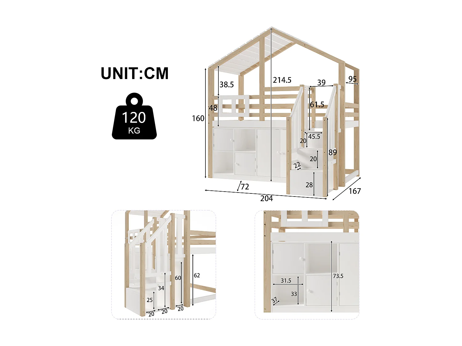 Halfhoog hoog bed 90x200cm met kasten en opbergladder - Dennen + MDF - wit + hout