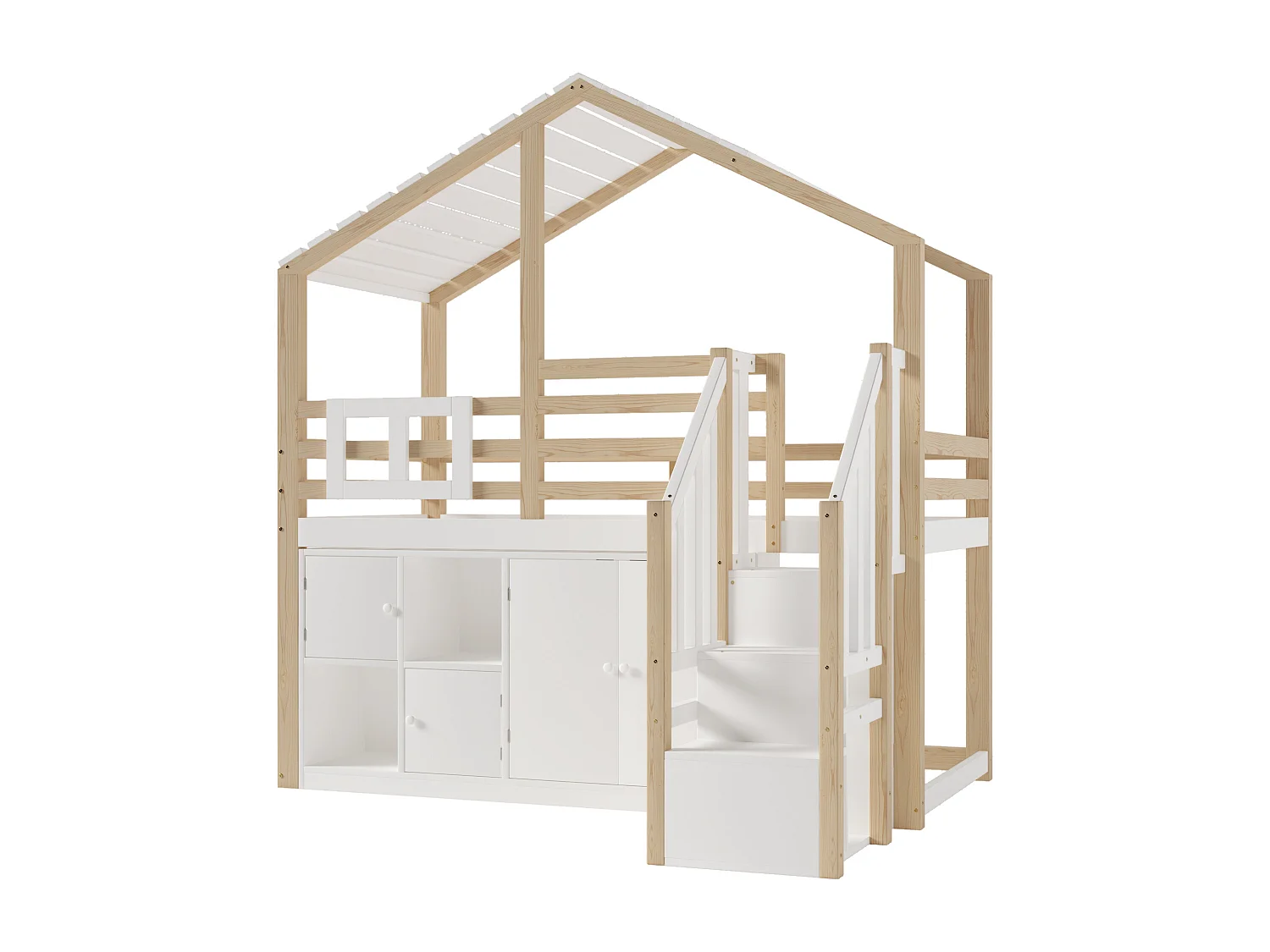 Halfhoog hoog bed 90x200cm met kasten en opbergladder - Dennen + MDF - wit + hout