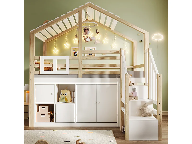 Halfhoog hoog bed 90x200cm met kasten en opbergladder - Dennen + MDF - wit + hout