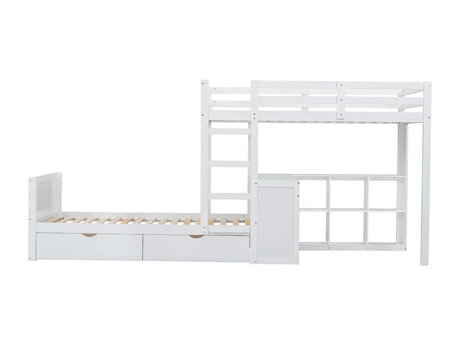 Lit superposé enfant 90x200cm avec 3 tiroirs, bureau et étagère- Bois en pin et MDF - Blanc